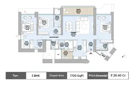 Godrej Trilogy Worli 3 BHK floor plan, 1700 sq ft carpet area