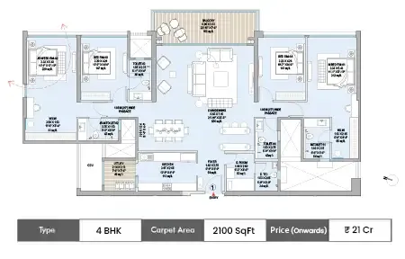 Godrej Trilogy Worli 4 BHK floor plan, 2100 sq ft carpet area